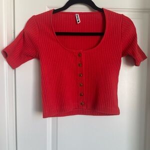Ilana Kohn Red Ribbed Button-Front Crop Top